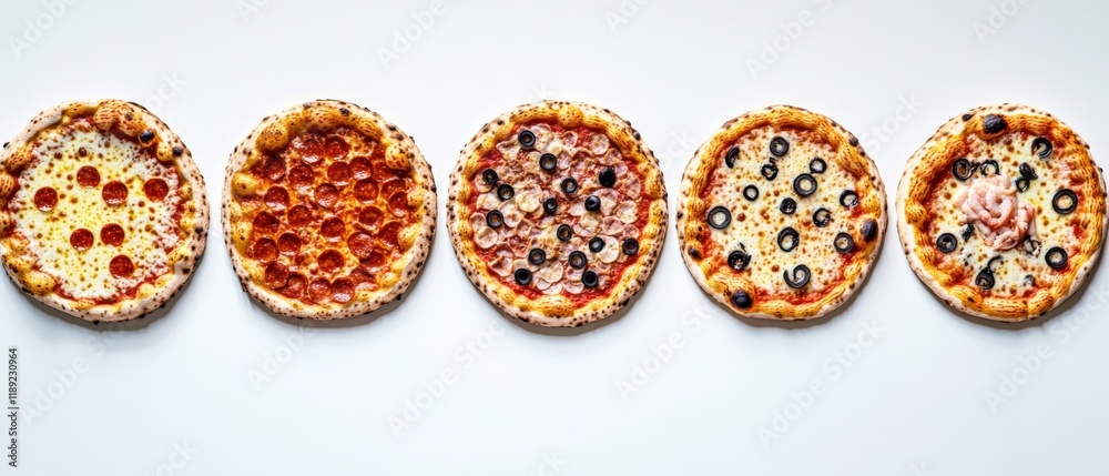 five pizzas in a row on a white surface