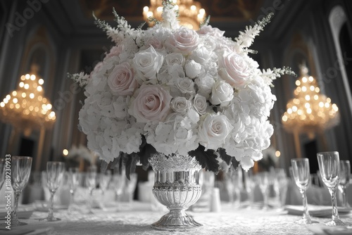 Large vase filled with white wedding flowers on table in room with many glasses and chandelier