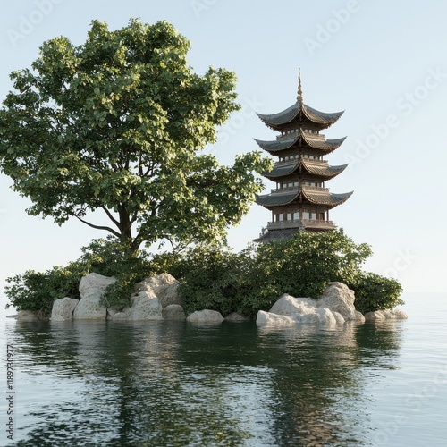 Tranquil pagoda island oasis serene water landscape architectural beauty nature setting bird's eye view