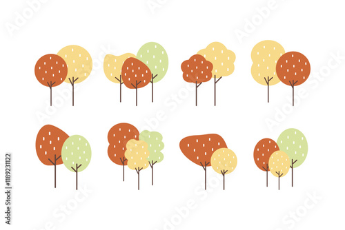 Abstract fall tree collection. Natural, forest, plant, landscape concepts. Suitable for poster, card, flyer decoration. Flat minimal style vector design isolated.