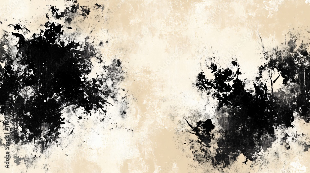 Fototapeta premium Abstract Black Ink Splatter Beige Background Texture