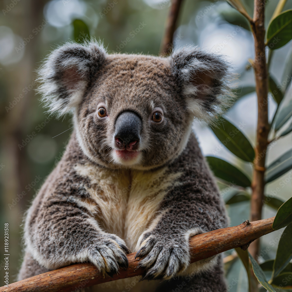 Obraz premium A koala is standing on a tree branch and looking at the camera. Scene is playful and curious, as the koala seems to be interested in the photographer