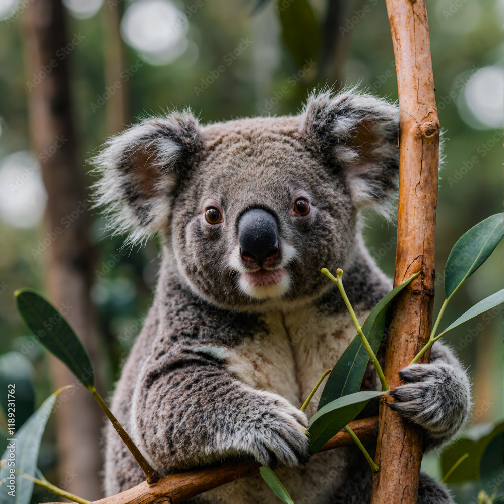 Naklejka premium Koala standing on a tree branch and looking at the camera. close-up. Generative AI.