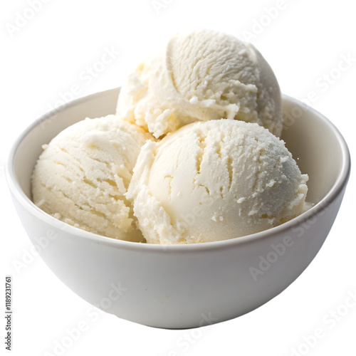coconut ice cream ball in white bowl on transparent background