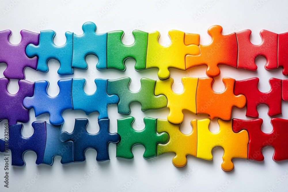 Colorful interlocking jigsaw puzzle pieces creating a vibrant geometric pattern Colorful interlocking jigsaw puzzle pieces creating a vibrant geometric pattern