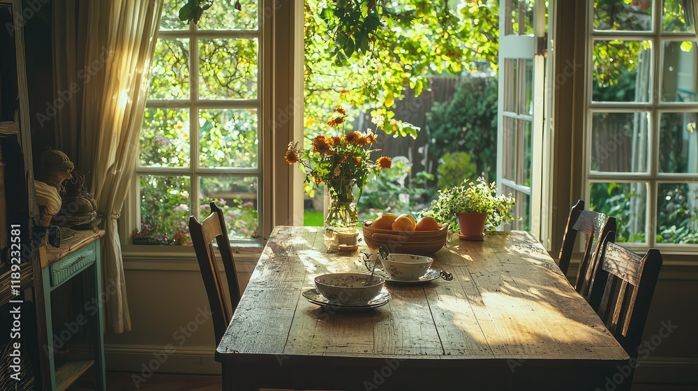 Fototapeta premium Cozy Breakfast Table with Flowers and Sunlight in Bright Room