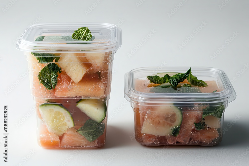 Food safety relies on proper storage to maintain quality. Fresh fruit salad in clear containers with mint leaves. Food safety relies on proper storage to maintain quality. Fresh fruit salad in clear containers with mint leaves.