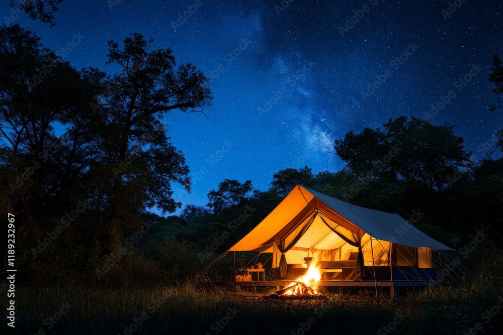 Obraz premium Illuminated camping tent under a starry night sky in the wilderness