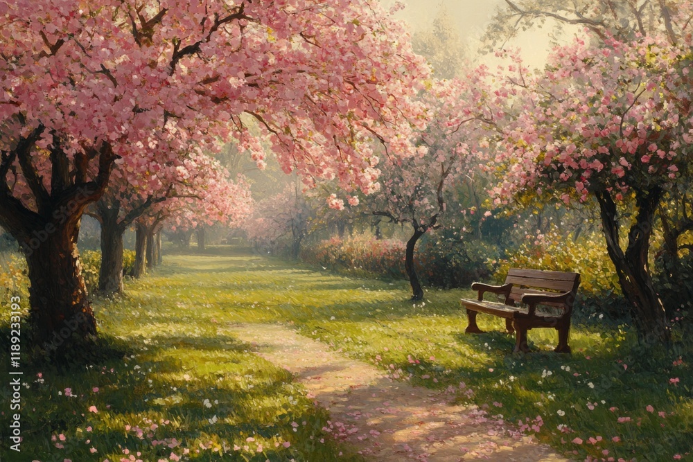 Cherry blossom trees forming a canopy over a sunlit path in spring Cherry blossom trees forming a canopy over a sunlit path in spring