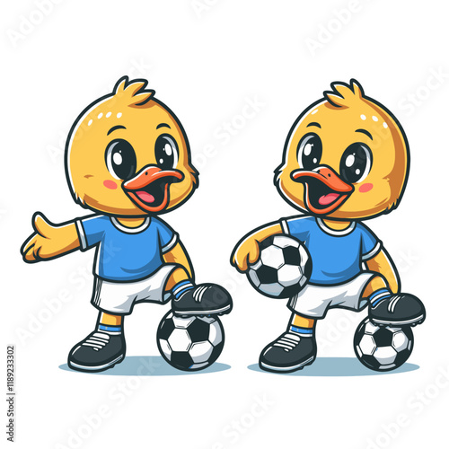 cheerful cartoon duckling in blue soccer uniform posing with soccer balls, perfect for sports themes, children’s designs, or playful illustrations. Isolated vector illustration.