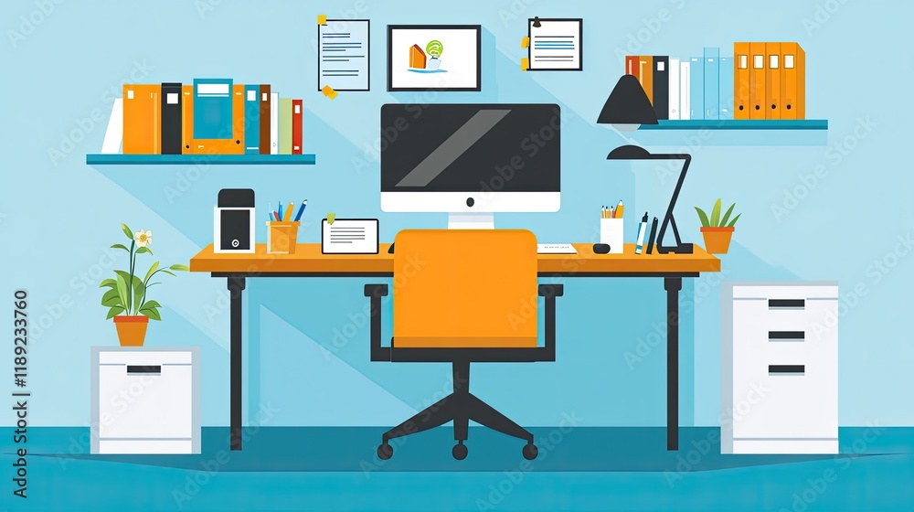 Modern home office workspace with computer, desk, chair, shelves, plants, and office supplies. Modern home office workspace with computer, desk, chair, shelves, plants, and office supplies.