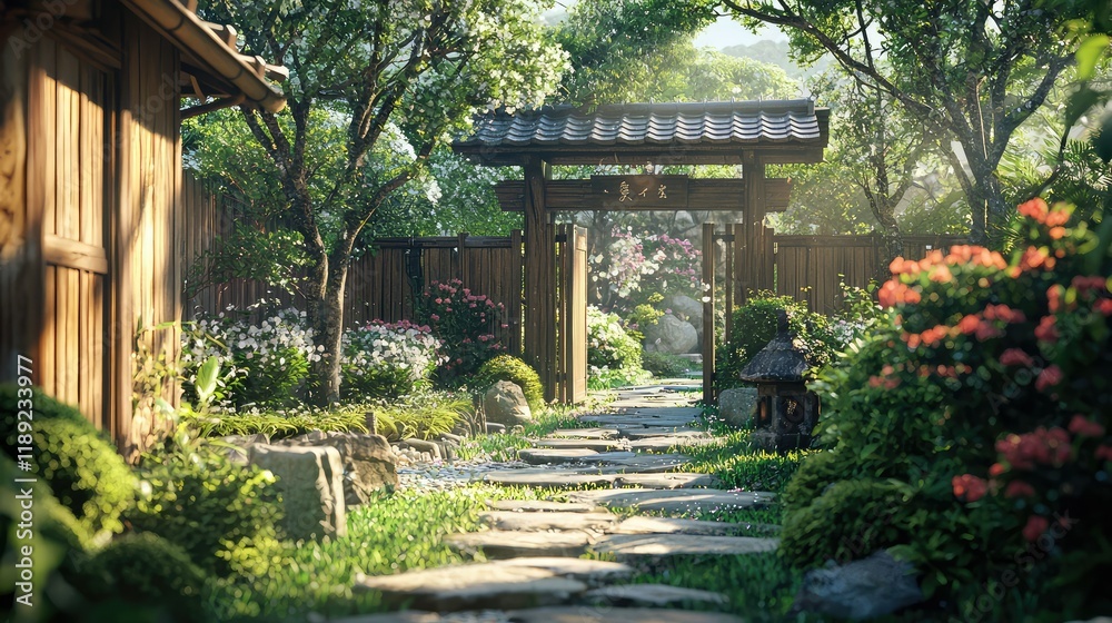 Serene Pathway Through Lush Garden with Traditional Wooden Gate Serene Pathway Through Lush Garden with Traditional Wooden Gate
