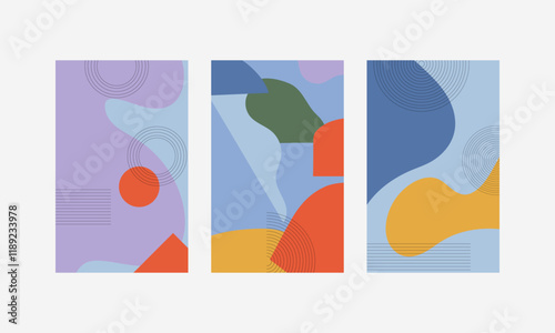 Vector illustration. Abstract design consisting of geometric shapes in bright colors, divided into three vertical parts.