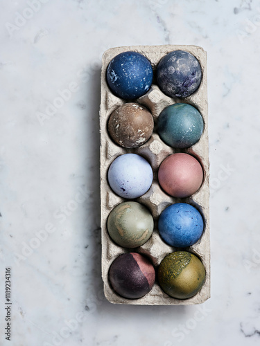 A dozen beautifully dyed eggs are placed in an egg carton on a marble countertop. Each egg features unique colors and patterns, showcasing artistic designs perfect for spring photo