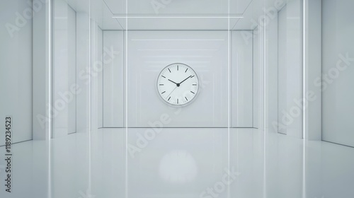 A minimalist digital alarm clock in a futuristic, all-white room. photo