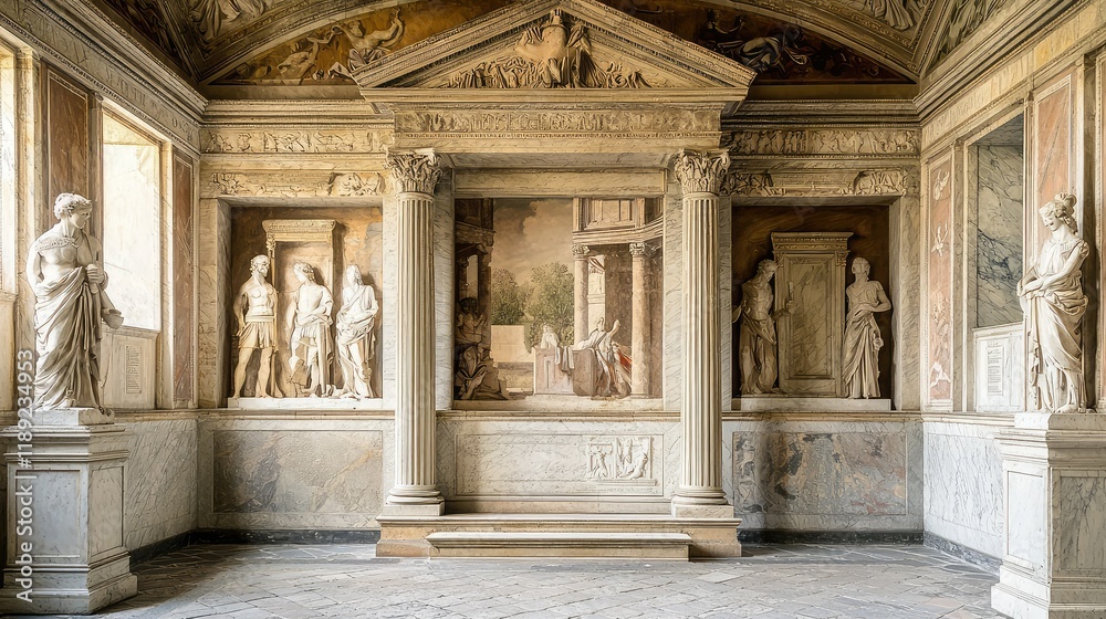 Fototapeta premium Elegant Ancient Architecture with Classical Statues and Murals
