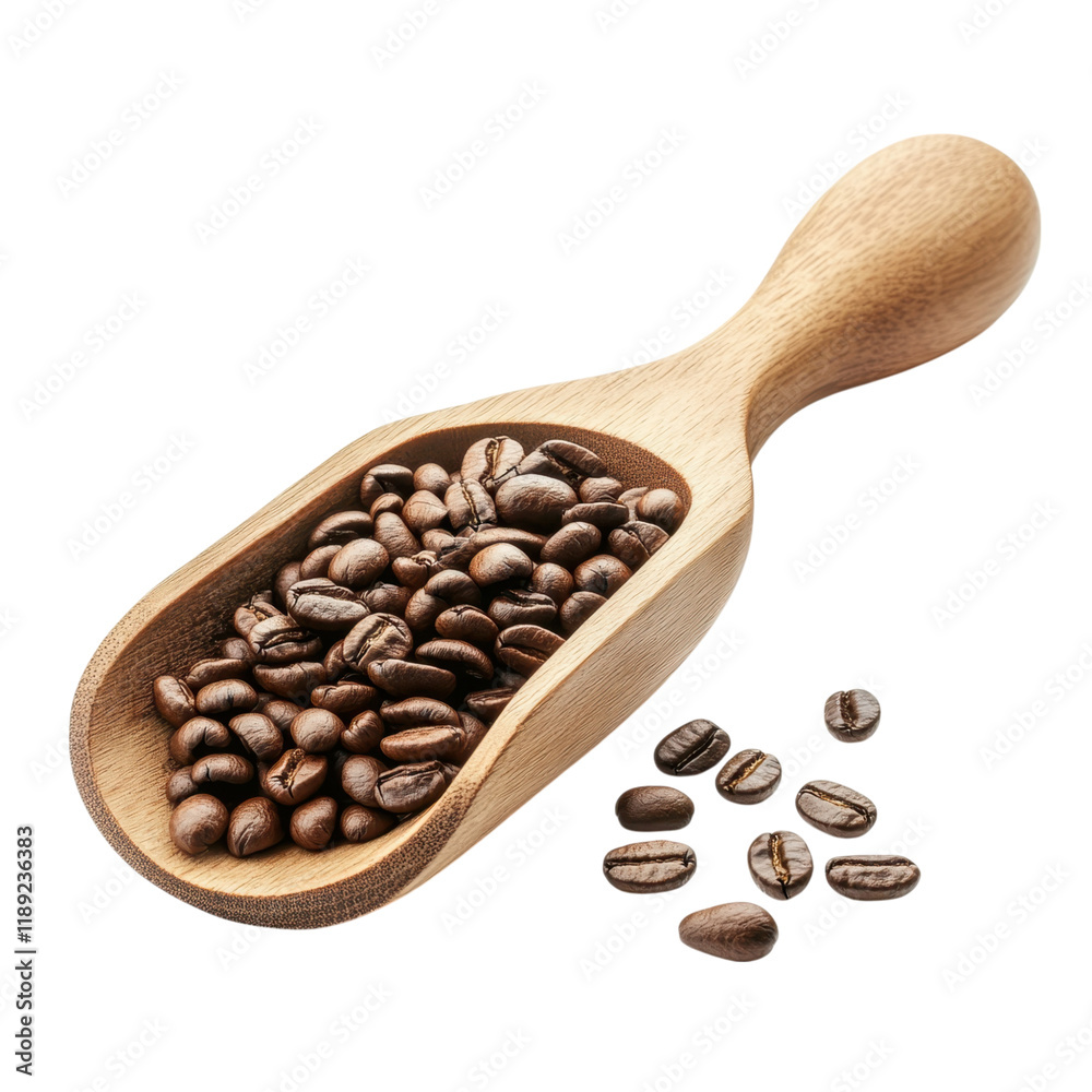 Fototapeta premium Roasted Coffee Beans in Wooden Scoop: Aromatic and Rich Brown Coffee Beans Ready for Brewing