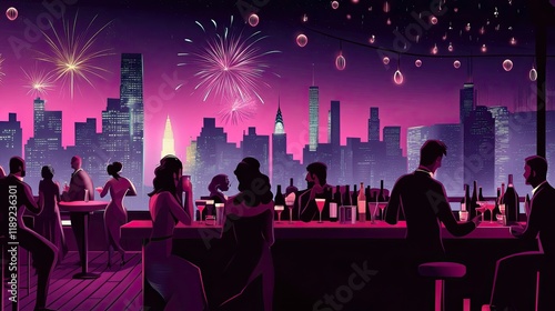Rooftop party with city skyline and fireworks at night.  People celebrating, drinking, socializing.