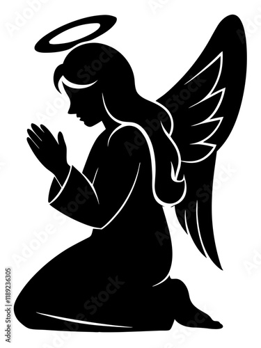 Praying angel silhouette with wings and halo in black design
