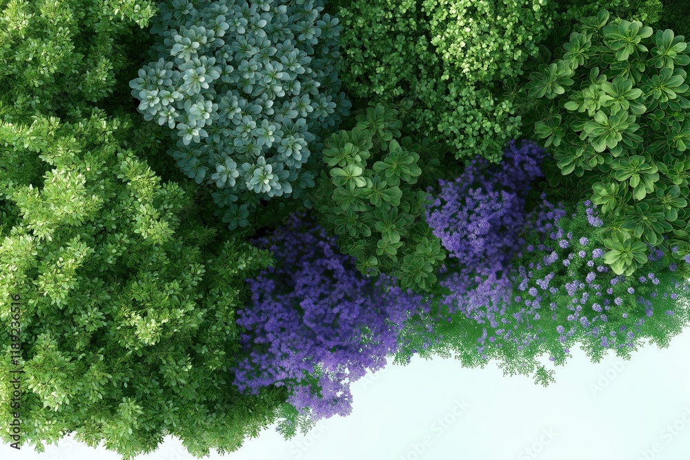 Top view of landscaped area with various plants, trees. Green plants, vibrant purple flowers create beautiful scene. Ideal for landscaping design architectural plans. Diverse foliage textures, colors Top view of landscaped area with various plants, trees. Green plants, vibrant purple flowers create beautiful scene. Ideal for landscaping design architectural plans. Diverse foliage textures, colors