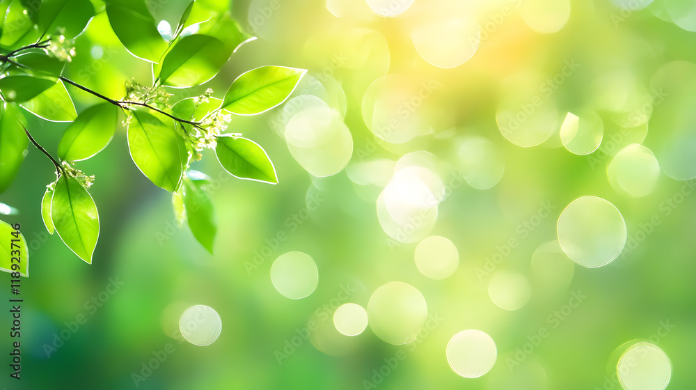 An abstract spring background showcasing green blurred bokeh lights. An abstract spring background showcasing green blurred bokeh lights.