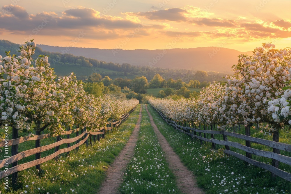Fototapeta premium Blossoming orchard with rows of trees under golden sunset