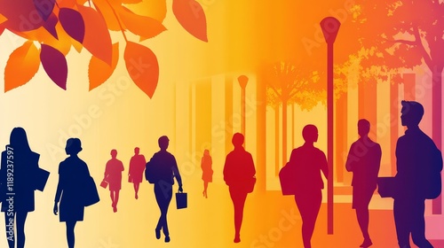 Silhouettes of people walking in a vibrant autumn setting with trees and leaves.