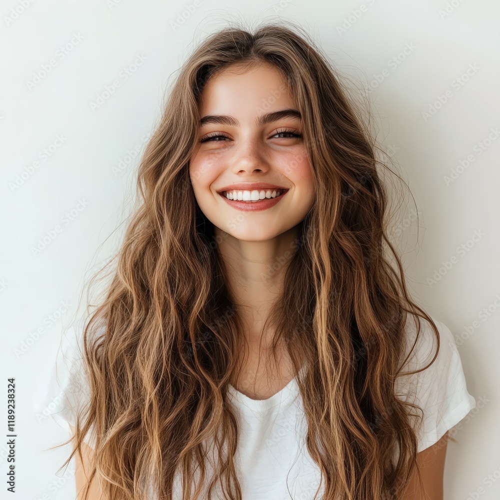 Young woman with long wavy hair smiles brightly against a neutral background Young woman with long wavy hair smiles brightly against a neutral background