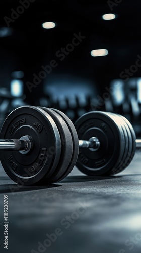 Empty gym room with heavy barbell on floor. Modern fitness studio interior design. Pro equipment for weightlifting. Workout space for physical activities. Focus on strength training. Ideal for