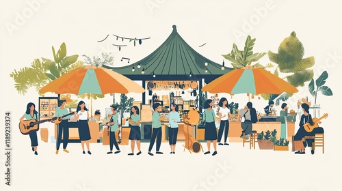 Lively outdoor market scene with people, music, food stalls, and lush greenery under colorful umbrellas.