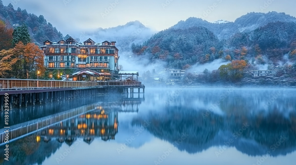 Fototapeta premium serene foggy autumn lake scene with reflections of a lakeside hotel amidst mountains and misty winter landscape