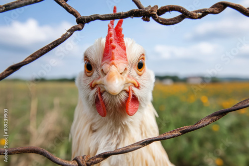 Close-up of a chicken with a vibrant background, framed by barbed wire in a rural setting.