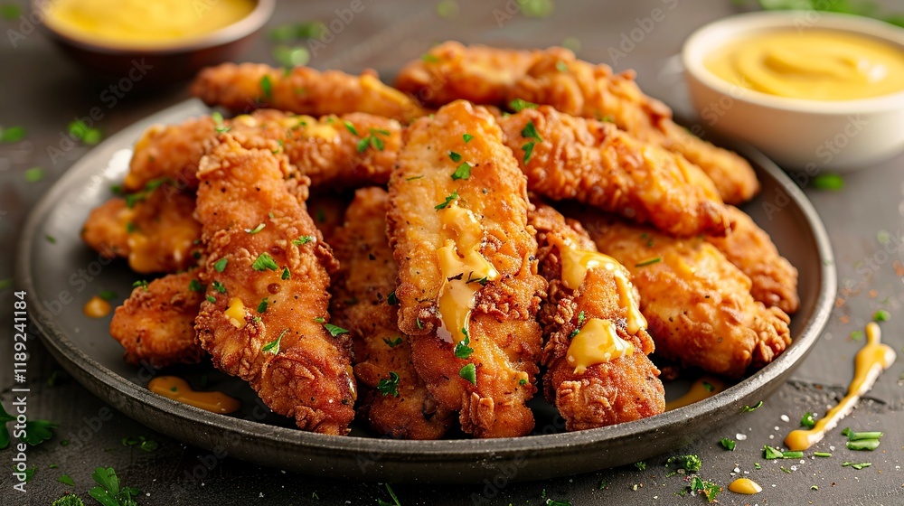A photo of chicken tenders with honey mustard sauce A photo of chicken tenders with honey mustard sauce