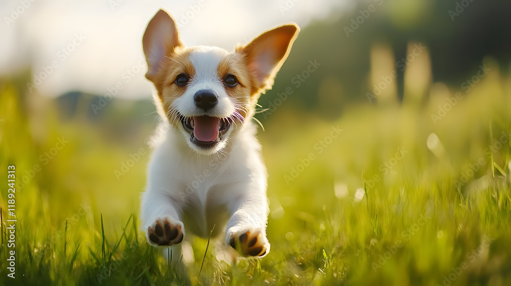 A playful pet dog runs happily in the grass, its ears flopping joyfully. A playful pet dog runs happily in the grass, its ears flopping joyfully.