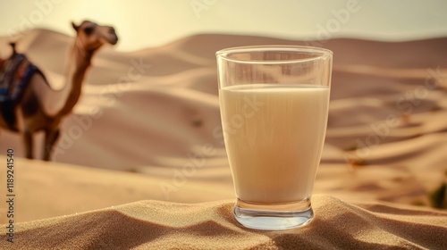 A little glass of milk and a camel on a desert background, concept: camel milk, suitable as a substitute milk for people with cow's milk allergy, 16:9 photo