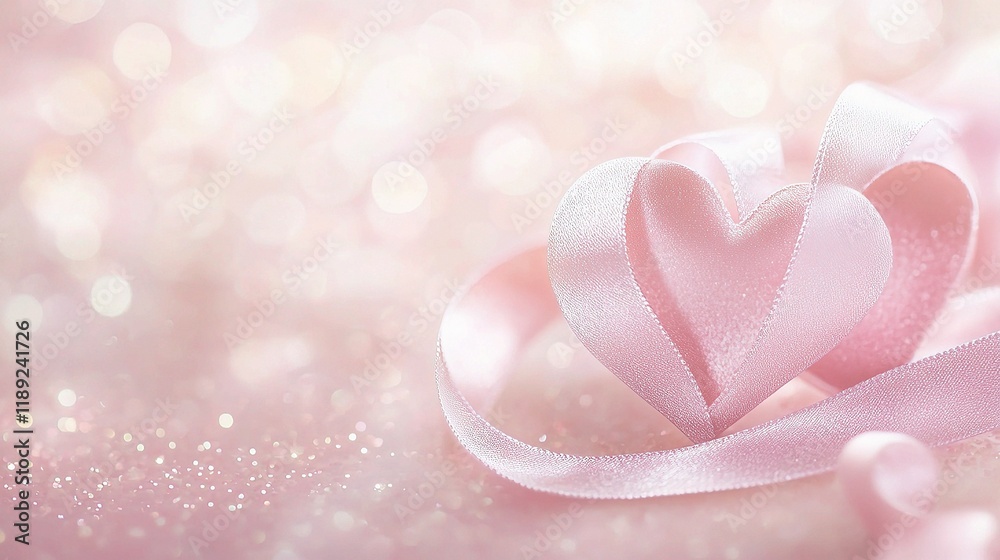 Fototapeta premium Soft Pastel Pink Hearts and Ribbons on Light Background