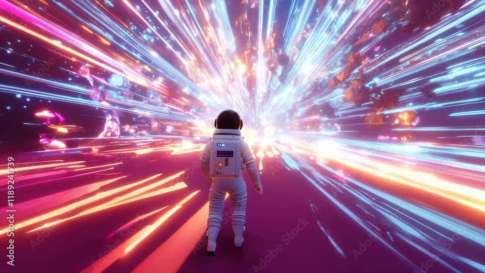 An astronaut in a colorful, abstract environment illuminated by dynamic light beams An astronaut in a colorful, abstract environment illuminated by dynamic light beams