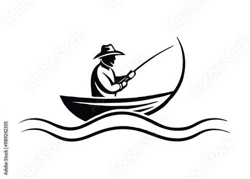 3d logo fisherman vector in a boat caught a fish 