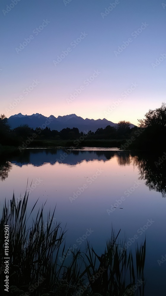 Tranquil Lake Reflection at Dusk with Silhouetted Mountains