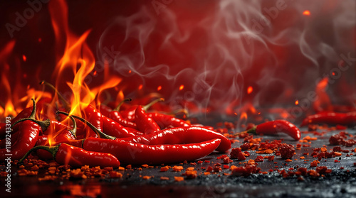 Hot and Spicy Food Theme Background with Red Chili Peppers and Flames for International Hot and Spicy Food Day photo