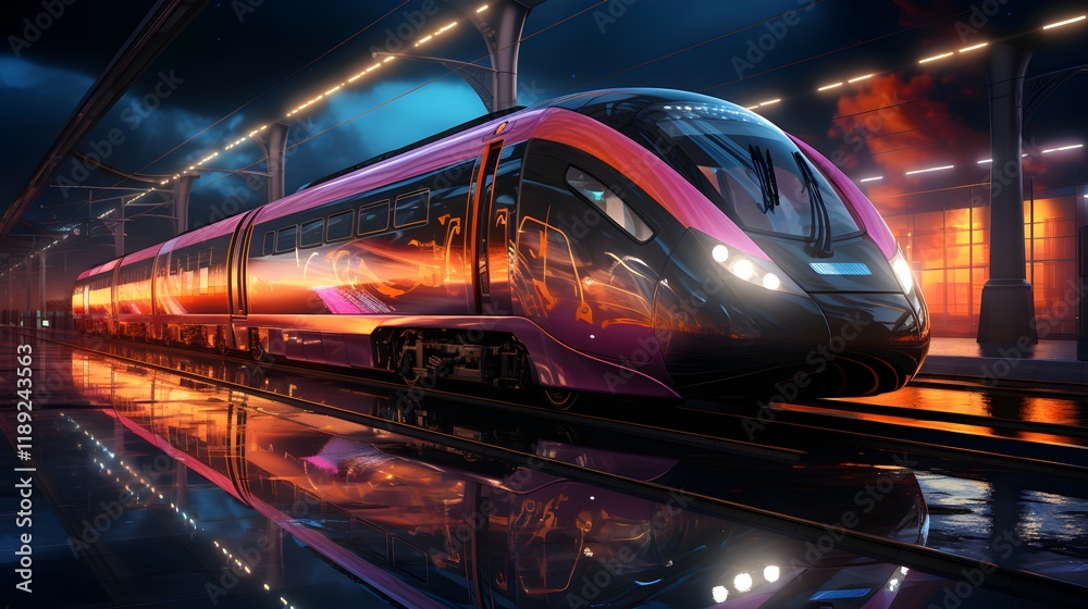 Fototapeta premium Abstract Futuristic Train with Glowing Lines - Generative AI