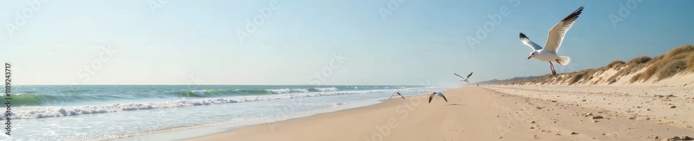 Seagulls flying over the vast sandy beaches of Langeoog, Baltic Sea views, Langeoog island, wild bird Seagulls flying over the vast sandy beaches of Langeoog, Baltic Sea views, Langeoog island, wild bird