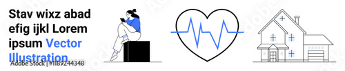 Woman sitting and using smartphone, heart shape with a heartbeat line, house with garage outline. Ideal for healthcare, technology, communication, home lifestyle, relaxation, fitness real estate