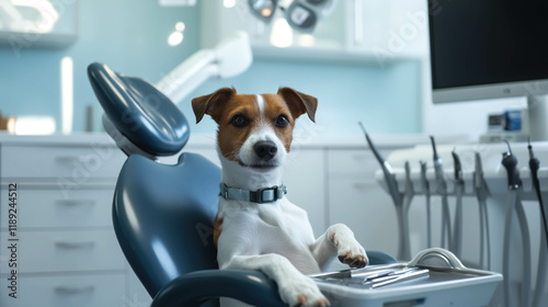 cute funny dog sits in dentist chair in modern veterinary dental clinic, ready to calmly treat teeth, Jack Russell Terrier photo