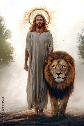 Jesus and Lion of Judah Stand Together - Vertical format [2:3 ratio]  photo