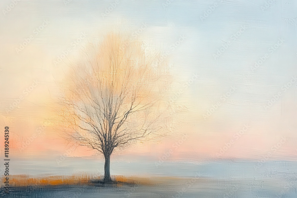 Tranquil winter landscape featuring a solitary tree at dawn Tranquil winter landscape featuring a solitary tree at dawn