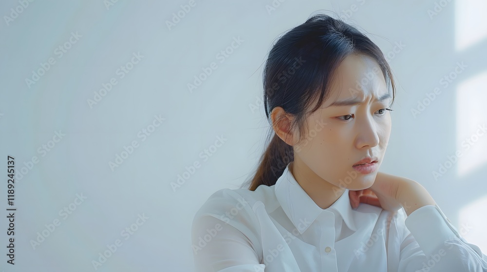 Pained Expression of Stressed Businesswoman Working at Computer in Office Pained Expression of Stressed Businesswoman Working at Computer in Office