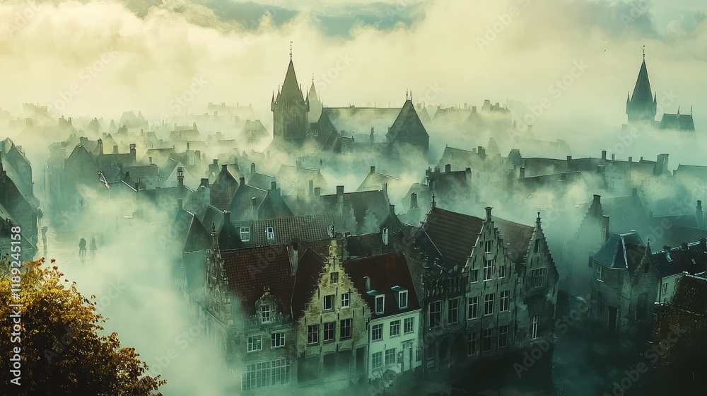 Obraz premium Misty Morning View of Historic European Town Surrounded by Fog