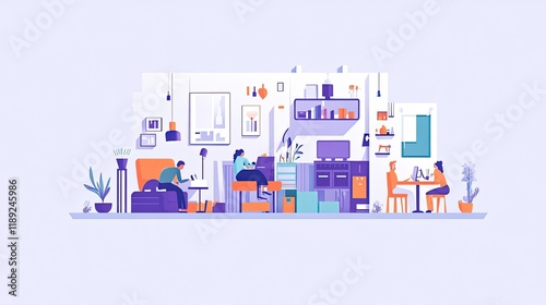 People working and relaxing in shared home office space.