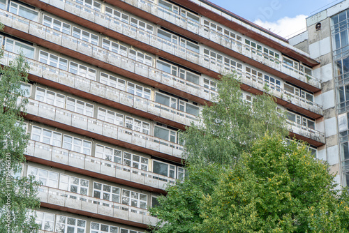 Abandoned sanatorium. Conserved multi-storey building with windows and balconies. Modernism in architecture of the 1960s. Ukraine, Truskavets old resort hotel photo